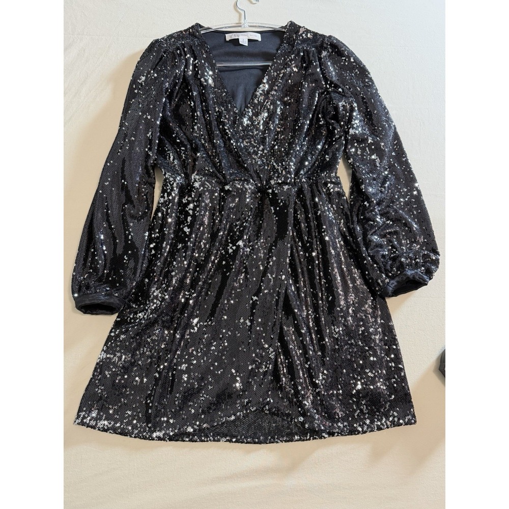 Honey Belle Womens Mini Event Dress Small Black Sequin Long Sleeve Faux Wrap